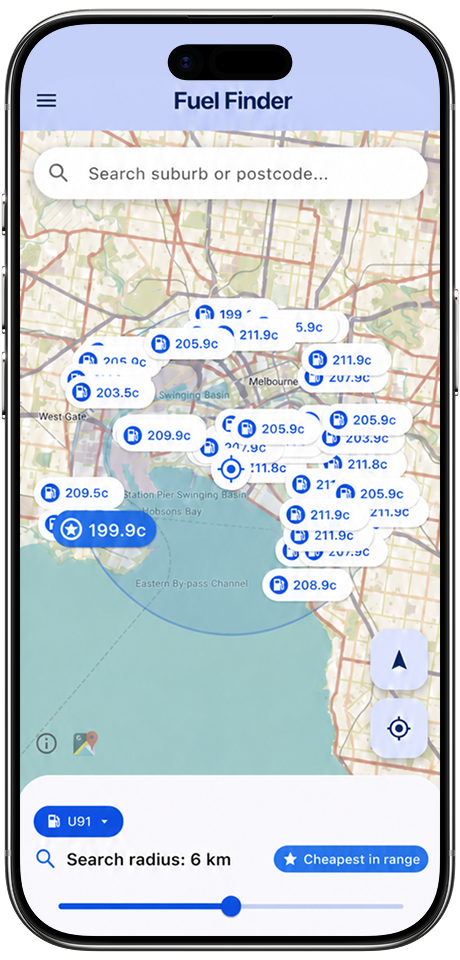 Fuel Finder showing nearby petrol prices on a map of Melbourne