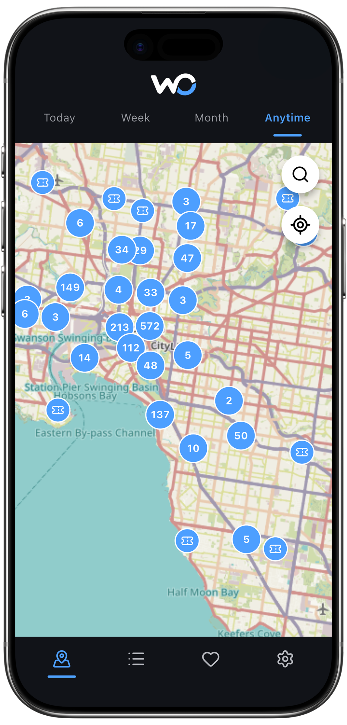 What's On showing nearby events on a map of Melbourne
